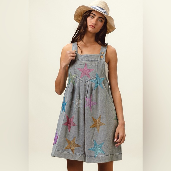 BiBi Star Rhinestone Washed Wide Leg Shortalls - Picture 11 of 14